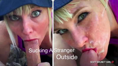Sneaky Fra huet e Frieme gefaangen, deen am Park masturbéiert, a saugt dann säin Dick: kum op hirem Gesiicht mat kum op der Strooss